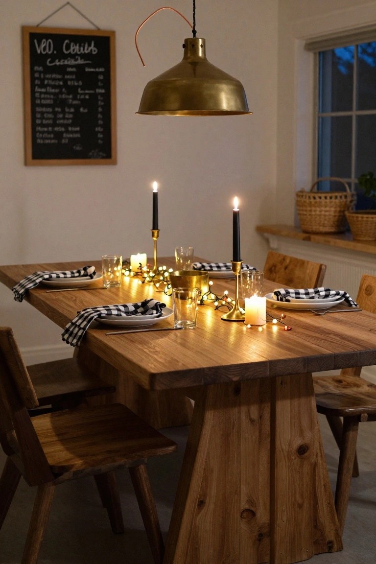 Wooden dining table set with black-and-white checkered napkins, white plates, glasses, brass candlesticks holding black candles, fairy lights strung across, gold bowls, and a chalkboard menu on the wall under a brass pendant light.