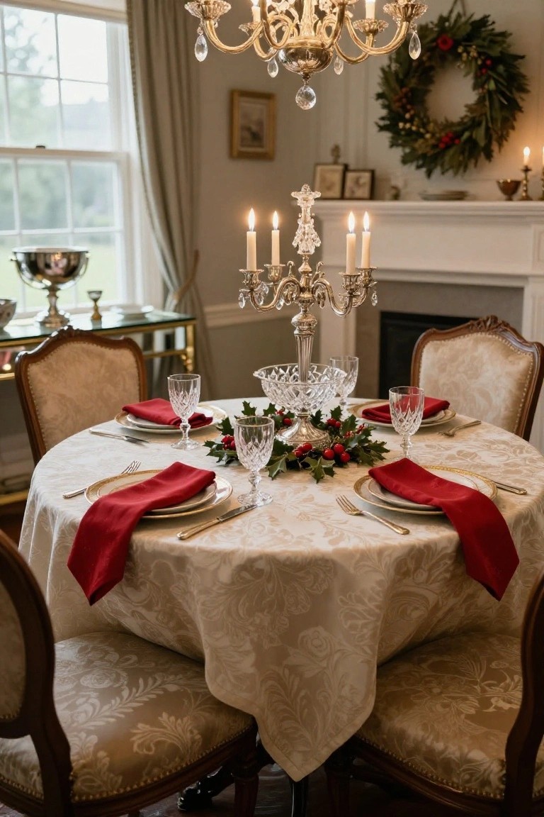 Elegant dining room table set for Christmas with cream embroidered tablecloth, red napkins, gold-rimmed plates, crystal glassware, holly and berry centerpiece around a silver candelabra, flanked by upholstered chairs near a fireplace and chandelier.