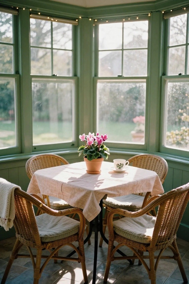 Round wicker table in a green conservatory bay window holding a potted pink cyclamen plant and white teacup with saucer on lace tablecloth, surrounded by four wicker chairs, fairy lights on windows, garden view outside.