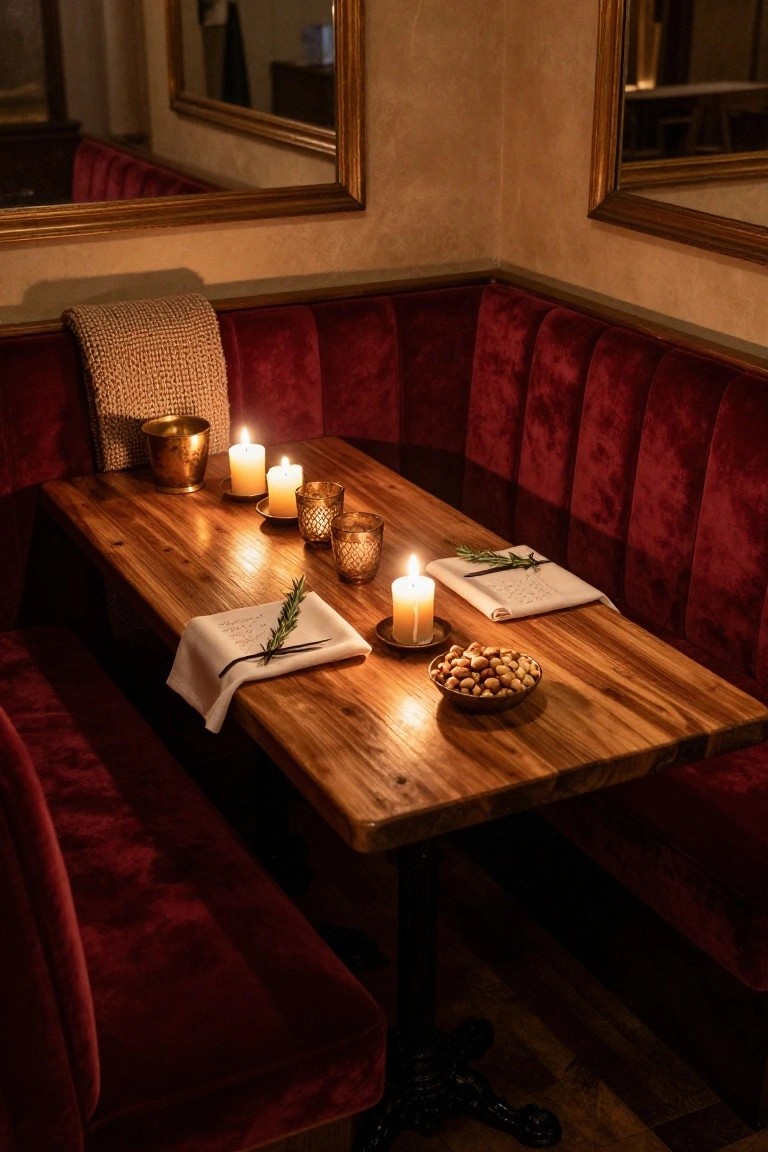 Corner booth with red velvet cushions, wooden table set with multiple candles, rosemary sprigs on folded white napkins, a bowl of nuts, and gold holders in a mirrored room.