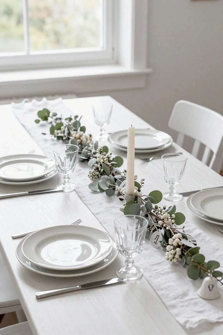 A wooden dining table set for a meal with white plates, silverware, clear glassware, a white linen runner topped with eucalyptus branches and white berries, and white candles along the center.
