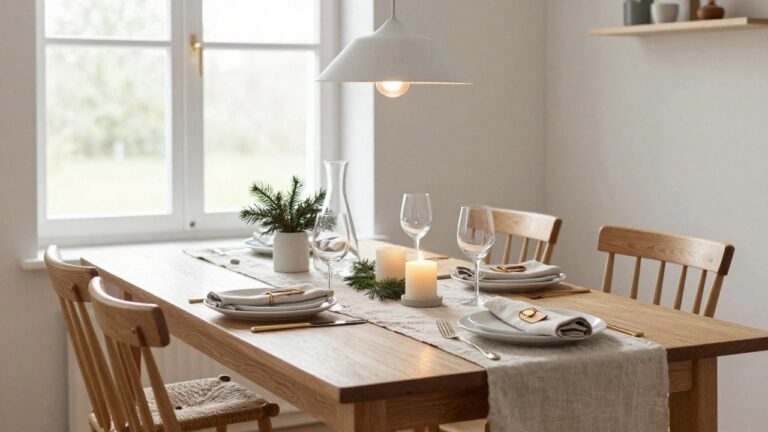A wooden dining table in a light room set for four with beige linen runners, white plates and napkins with gold tags, wine glasses, a glass carafe, fresh green pine branches, white candles in gray holders, and rattan chairs around it under a white pendant light.