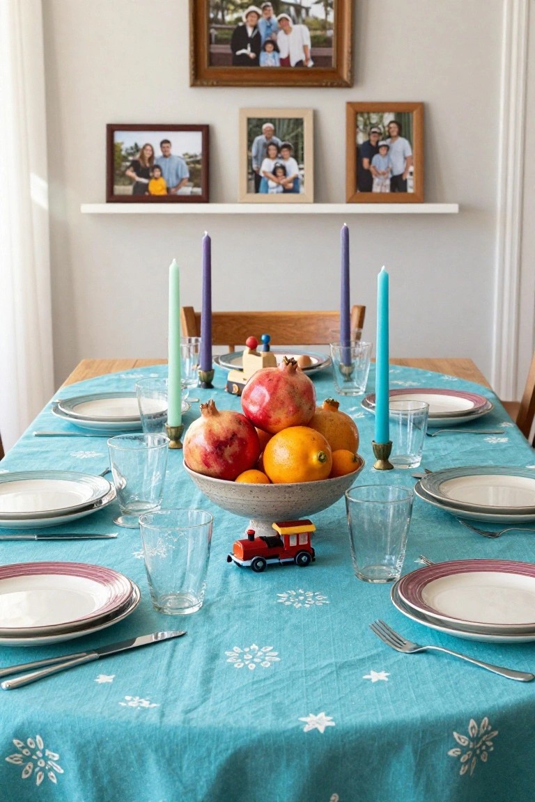 Dining table with blue snowflake-patterned tablecloth set for a meal, featuring a central bowl of pomegranates and oranges, colorful taper candles, a small red toy train, glasses, plates, and family photos on the wall.