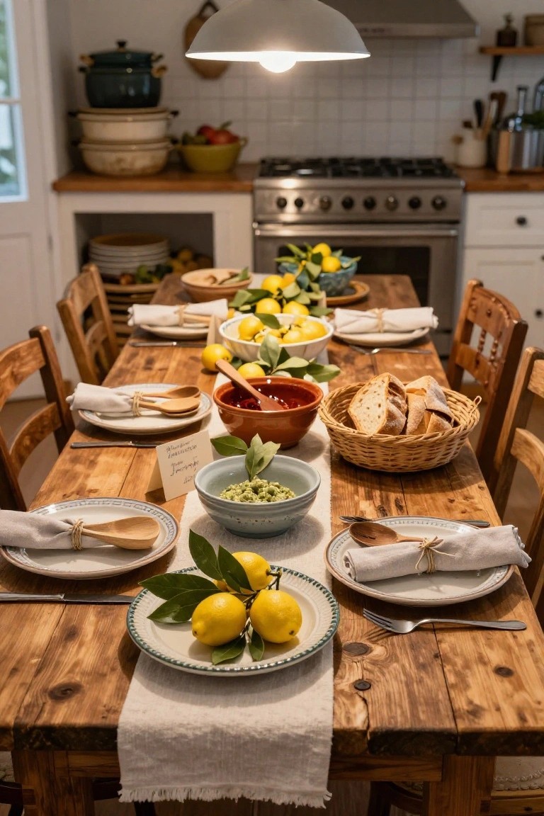 A wooden dining table in a kitchen set for a meal with lemons, bay leaves, bread basket, dips, and place settings on white napkins tied with twine.