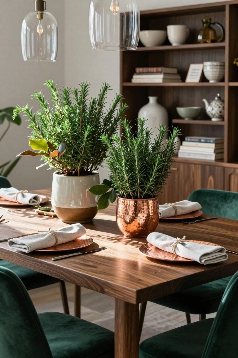 Dining table set with multiple potted rosemary plants in white, terracotta, and copper pots as centerpieces, linen napkins tied with twine on copper plates, wooden table surface, green velvet chairs, and wooden shelving unit with ceramics, books, and vases in the background.