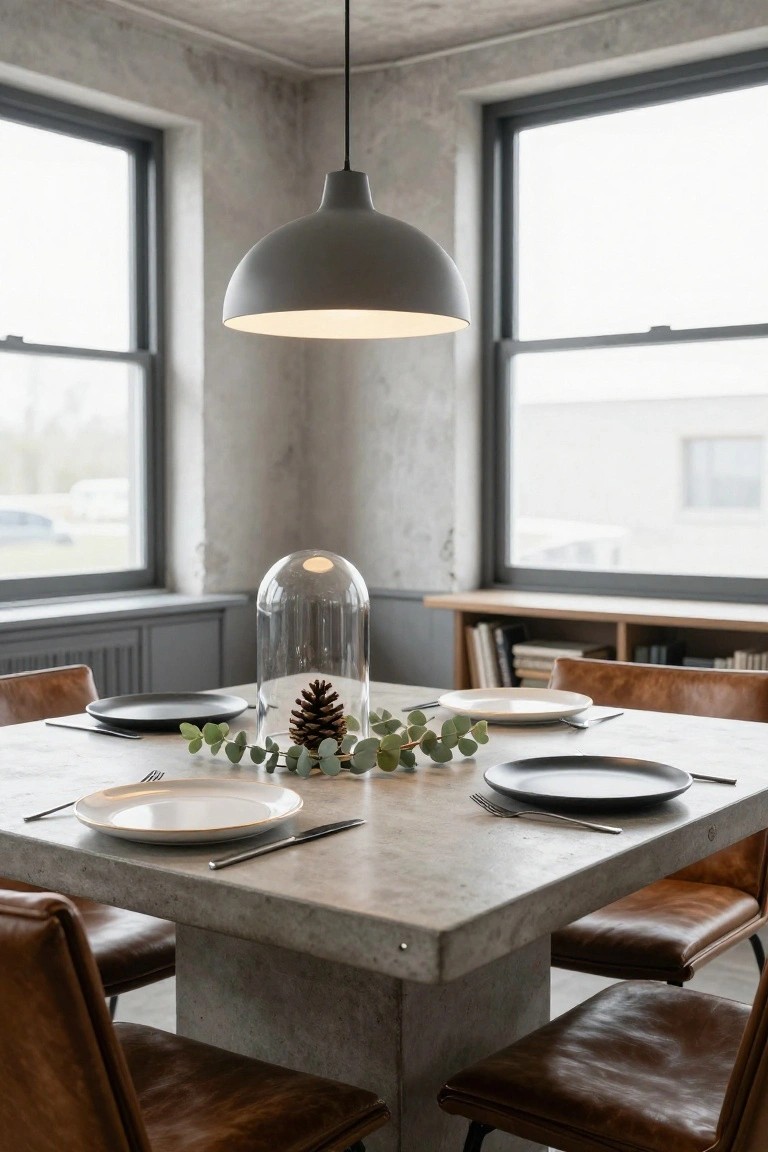 Corner view of a modern industrial dining room with gray concrete walls, a square concrete pedestal table set with white and black plates, silverware, a glass dome over a pine cone with eucalyptus leaves, brown leather chairs, wooden shelving, and a large gray pendant light.