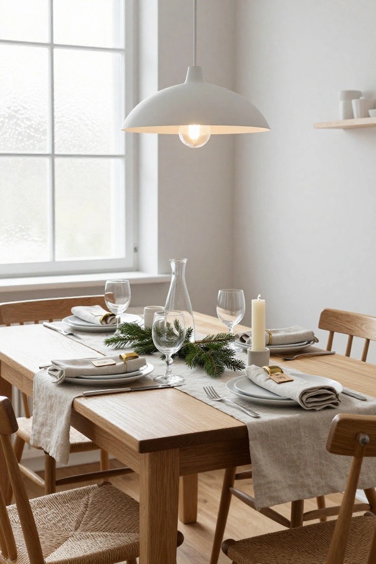 A wooden dining table in a light room set for four with beige linen runners, white plates and napkins with gold tags, wine glasses, a glass carafe, fresh green pine branches, white candles in gray holders, and rattan chairs around it under a white pendant light.