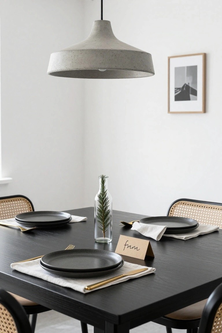 Dining table set with black plates, gold flatware, white napkins, handwritten name cards, small fir sprig in glass vase, rattan chairs, concrete pendant light overhead, and framed black-and-white photo on white wall.