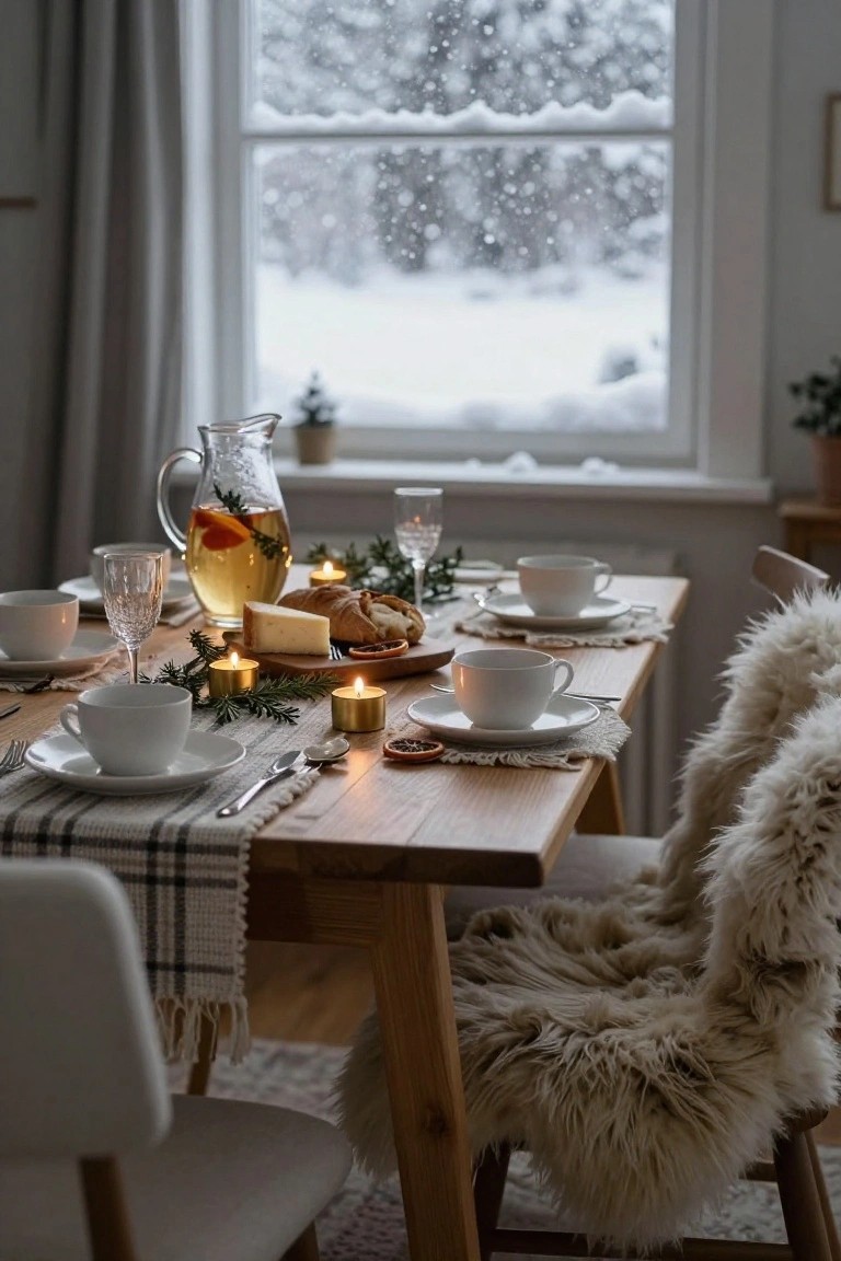 Dining table set with white plates and cups, cheese and bread platter, candles, infused water pitcher with oranges, and greenery, beside a large window showing snowy woods outside, with sheepskin-draped chairs.