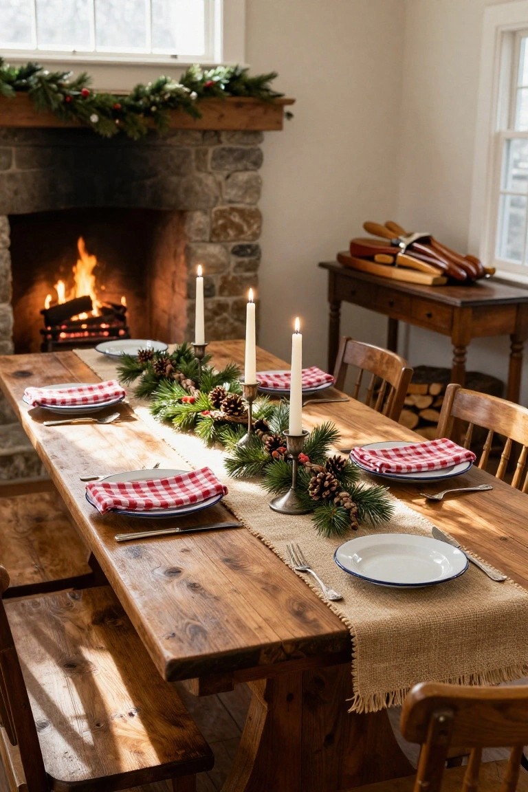 Wooden dining table set for Christmas with green pine garland runner, pinecones, red plaid napkins, white plates, candles, burlap runner, and wooden chairs, next to a lit stone fireplace and side table with firewood.