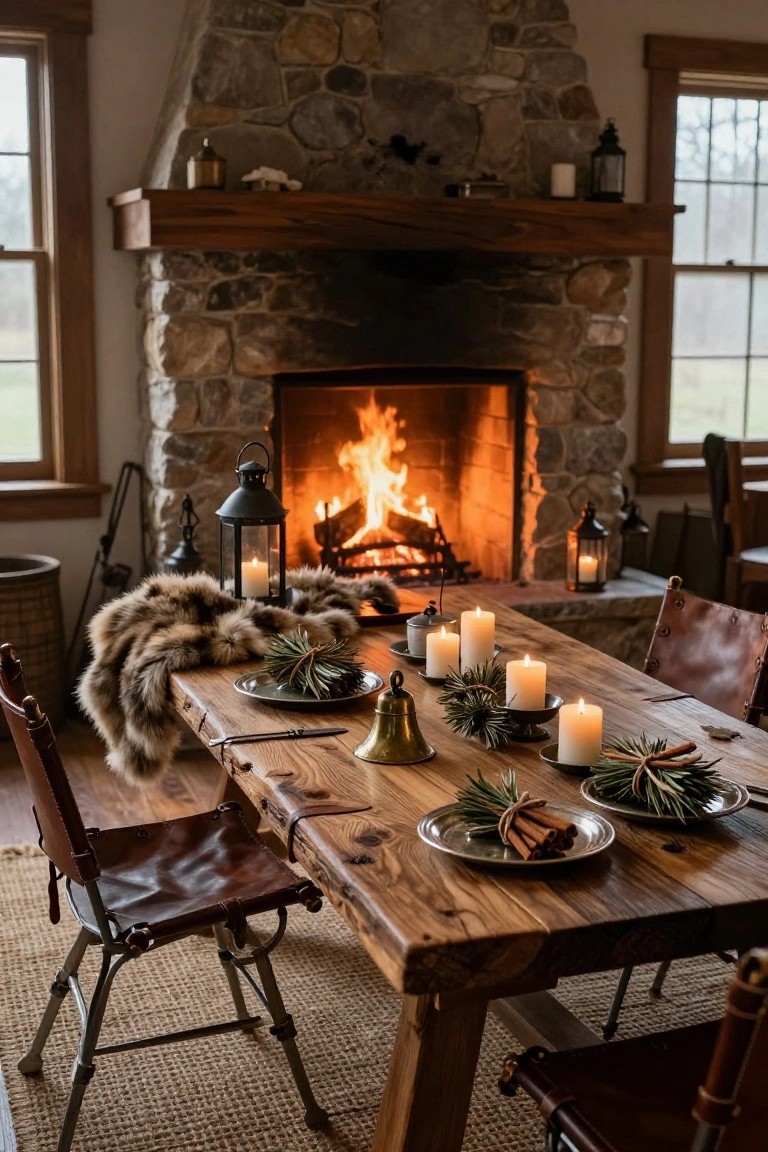 Rustic wooden dining table in a stone fireplace room, set with plates holding evergreen bundles and cinnamon sticks, candles, a brass bell, fur throw, and leather chairs.