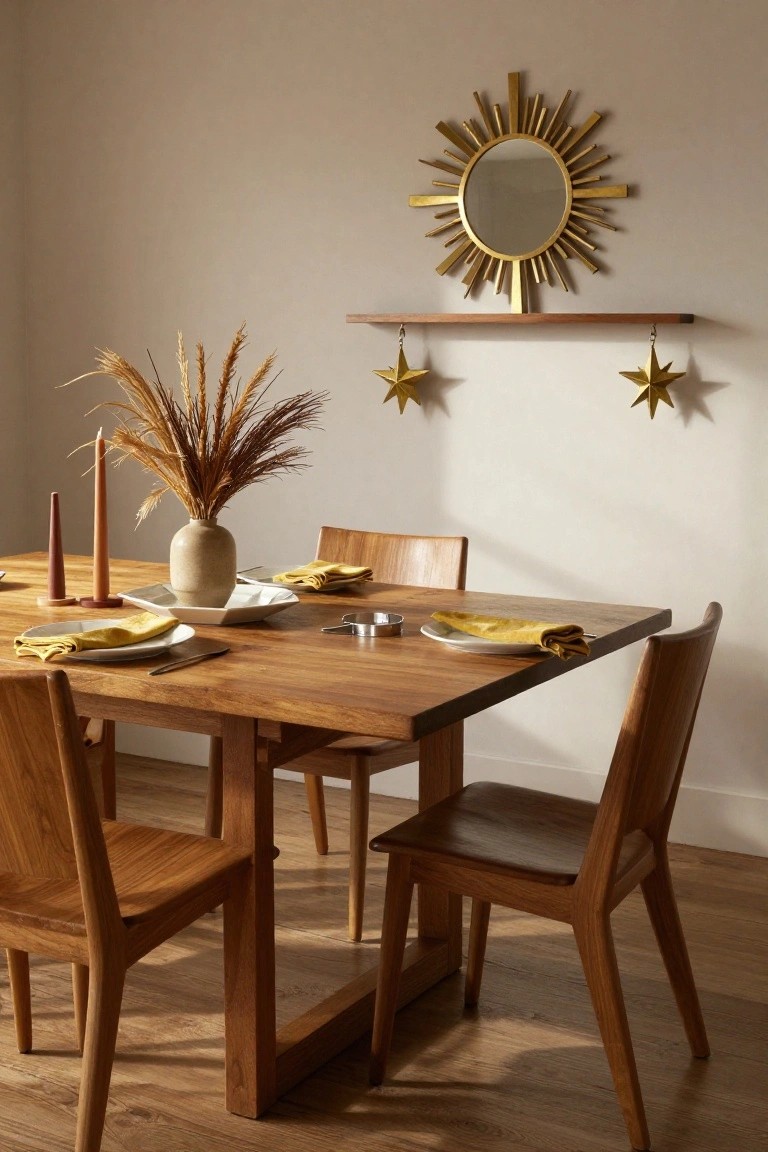 Wooden dining table with beige plates, yellow folded napkins, pampas grass in a vase, two candles, and small dishes, surrounded by wooden chairs, with a gold sunburst mirror and gold star ornaments on a shelf against a beige wall.