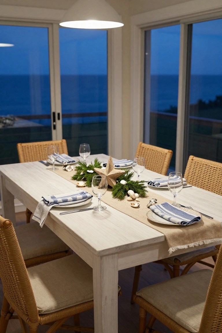 Dining room table with whitewashed wood surface set for Christmas using blue-and-white napkins, white plates, wine glasses, and a centerpiece of shells, starfish, pine branches, and scallops, surrounded by wicker chairs and large windows showing a dusk ocean view.