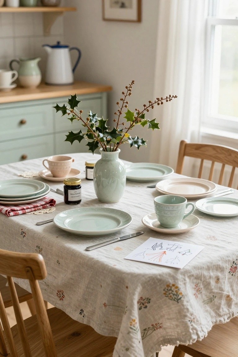 A wooden dining table in a light kitchen set with stacked pastel green and pink plates, cups and saucers, jam jars, silverware, a holly centerpiece in a green vase, checkered napkin, and wooden chairs around a floral linen tablecloth.