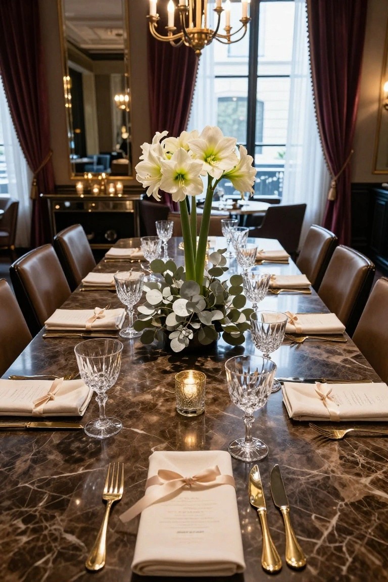 Close-up view of a long formal dining table set with white folded napkins tied with ribbons, gold flatware, crystal wine glasses, and a tall centerpiece of white lilies and eucalyptus on a brown marble surface, surrounded by leather chairs in an elegant room with red drapes and chandeliers.