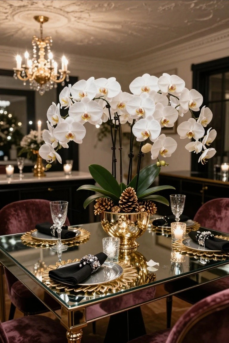 Dining table set with a tall arrangement of white phalaenopsis orchids and pinecones in a gold bowl at center, gold chargers, crystal wine glasses, black napkins with jewel cuffs, on a mirrored glass tabletop with purple velvet chairs in a room with chandelier and candles.