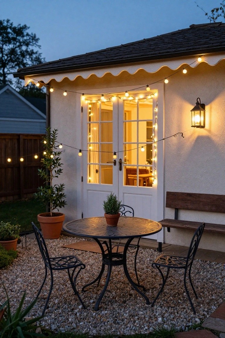 Backyard patio at dusk featuring a round metal table with two ornate iron chairs, potted plants, gravel ground, string lights draped along white French doors and eaves on a stucco house wall, and a wall lantern.