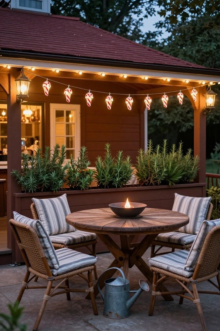 Covered wooden porch at dusk with candy cane string lights hanging from eaves, round wooden table holding a fire bowl, four rattan chairs with striped cushions, potted rosemary plants in a long box, watering can nearby, and lanterns.