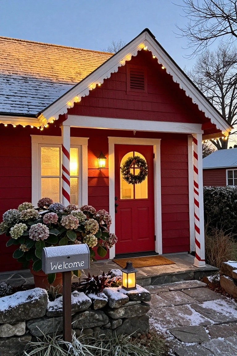 Red shingle-sided cottage with white trim and gable roof, featuring porch columns striped red and white like candy canes, Christmas wreath on door, potted hydrangeas, welcome mailbox on post, lanterns, string lights, and light snow around stone steps at dusk.