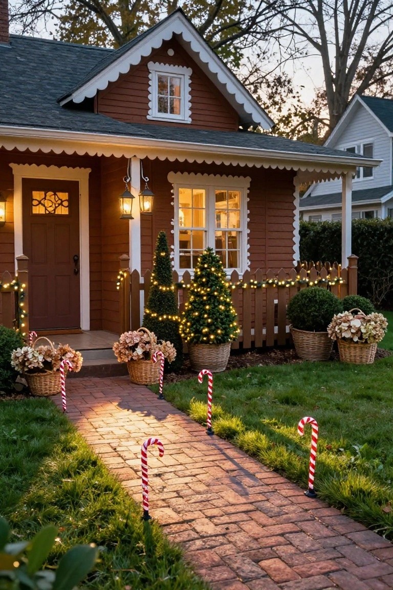 Reddish-brown wood house with white scalloped trim and porch, Christmas string lights on trees and fence, potted flowers and shrubs, oversized red-and-white candy cane stakes lining brick walkway to front door at dusk.