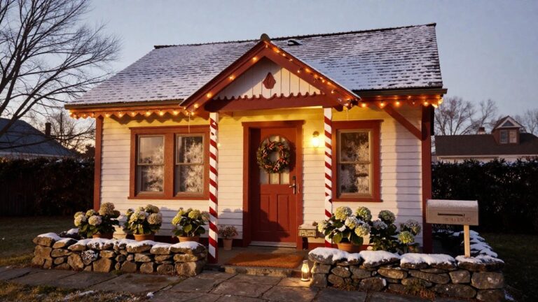 Red shingle-sided cottage with white trim and gable roof, featuring porch columns striped red and white like candy canes, Christmas wreath on door, potted hydrangeas, welcome mailbox on post, lanterns, string lights, and light snow around stone steps at dusk.