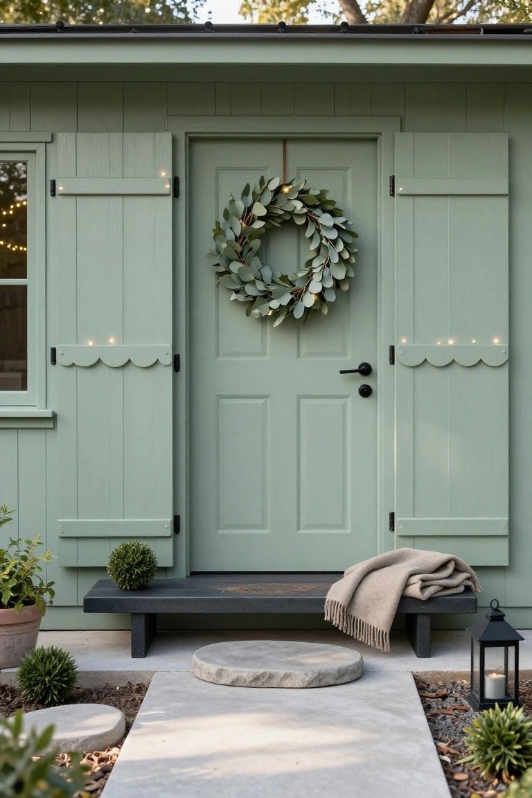 Sage green wooden shed with paired shutters featuring scalloped tops and small white lights, central green door with large eucalyptus wreath containing lights, black bench draped with beige blanket, potted topiary plants, stone steppers, gravel-bordered concrete path, and black metal lantern with candle.