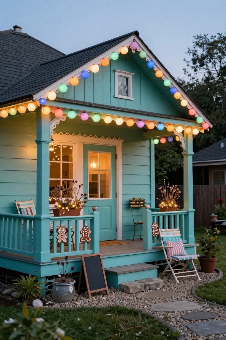 Turquoise wooden tiny house with peaked roof, gingerbread-style trim, and covered porch lit by colorful large orb string lights along the edges, gingerbread cookie decorations on railings, potted plants, folding chairs, and a chalkboard sign in a gravel garden path at twilight.