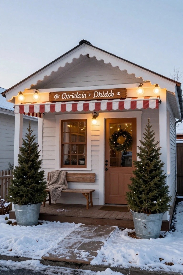 Small white wooden cabin with scalloped roofline trim, red-and-white striped awning, wooden sign reading "Gingerbread Dhiddo", glowing lantern lights, Christmas wreath on brown door, potted fir trees in galvanized buckets beside porch bench, light snow on ground.