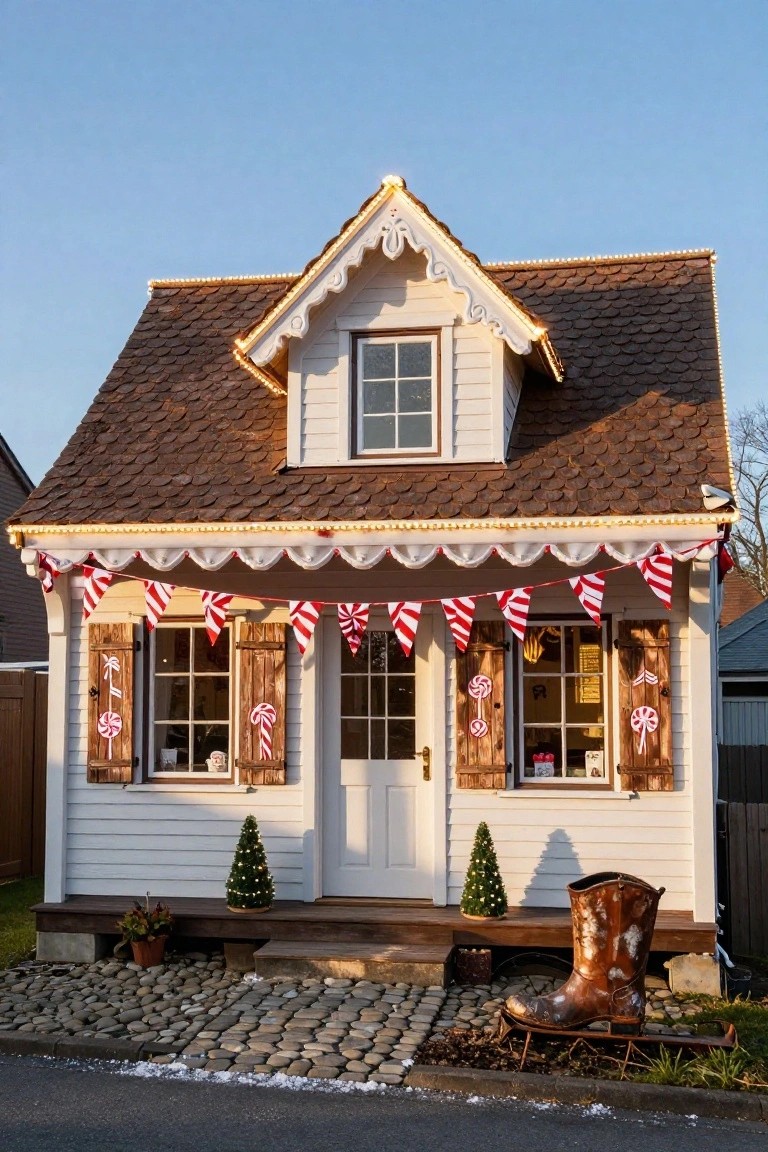 Small white clapboard house with peaked roof styled as a gingerbread cottage, featuring candy cane decorations on shutters, red-and-white flags, peppermint shingle roof, string lights, small Christmas trees flanking the door, a large cowboy boot sculpture, and a sled on a gravel path edged with stones.