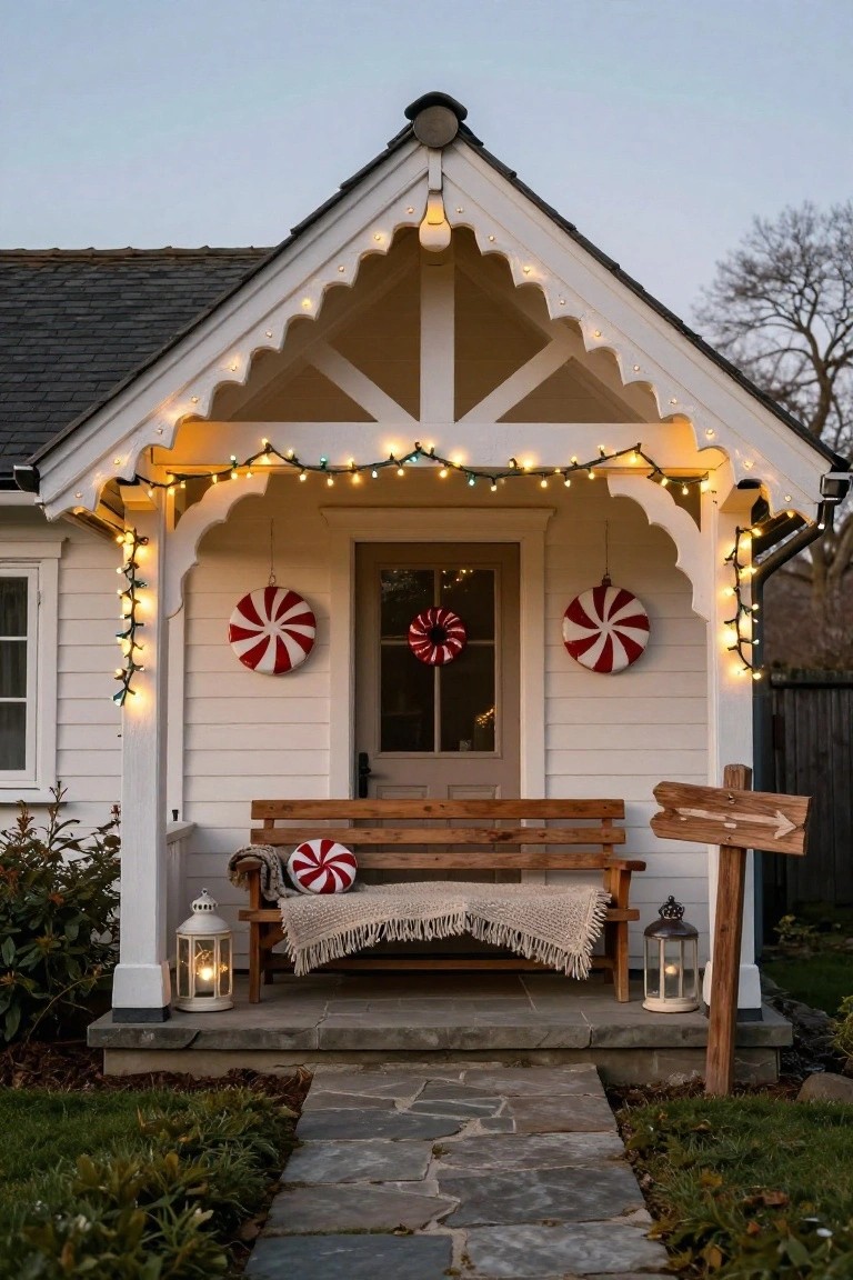 White clapboard cottage exterior with gingerbread-style trim on the covered porch, large red-and-white candy cane decorations on walls and door, wooden bench with plaid blanket and candy cane pillow, lanterns, string lights, and stone pathway at dusk.