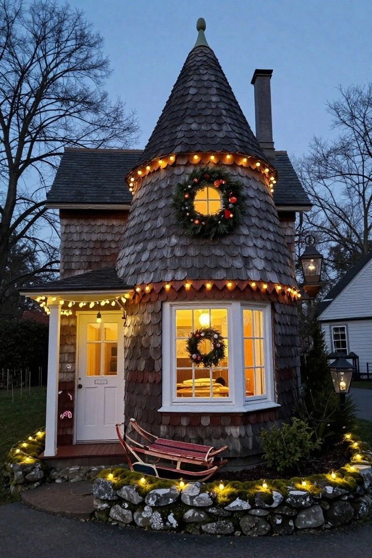 A small shingled house with a tall conical tower and rectangular base, decorated with yellow string lights, evergreen wreaths, and a red wooden sleigh on a stone-walled yard at dusk.