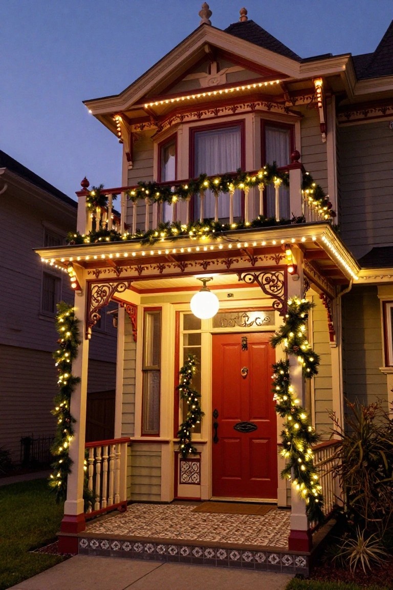 A two-story Victorian house exterior at dusk decorated with white string lights and evergreen garlands along the porch railings, balcony, trim details, and red front door.