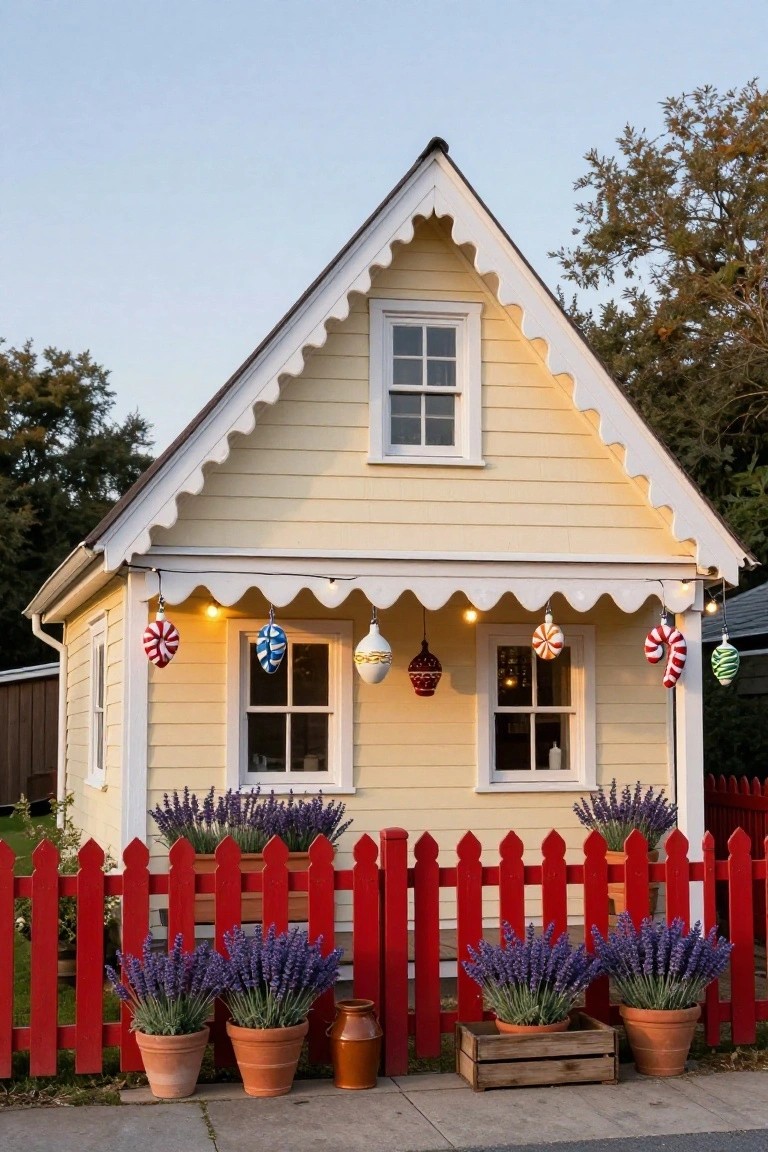 Pale yellow gingerbread-style cottage with scalloped white trim, hanging colorful candy-shaped ornaments and string lights along the porch eaves, flanked by windows, red picket fence, lavender plants in terracotta pots, and a wooden crate.