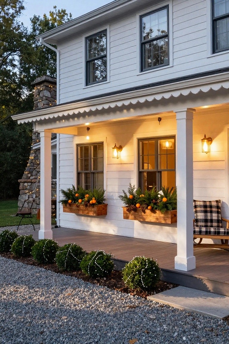 White clapboard house with covered porch at dusk, featuring window boxes of greenery and oranges, string lights wrapped around boxwood shrubs lining the porch base, lanterns on posts, and lights on stone chimney.