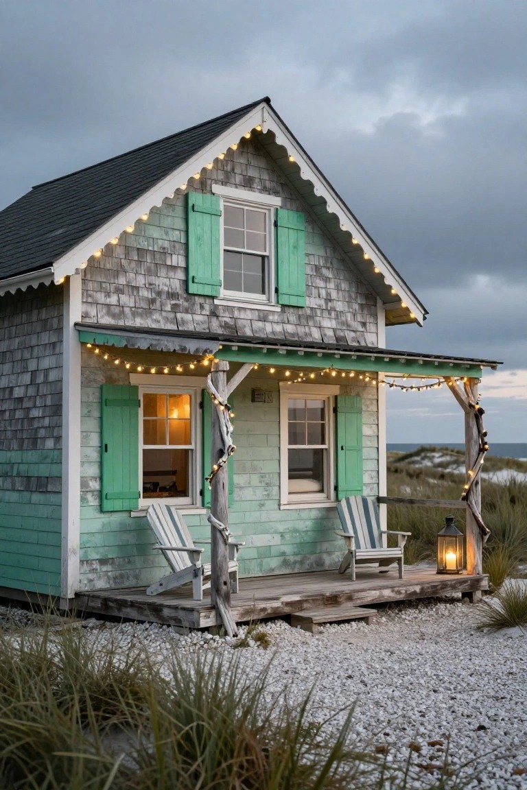 Mint green shingled cottage with green shutters and a covered porch on a beachfront lot, featuring white Adirondack chairs, a lantern, and string lights draped along eaves, posts, and scalloped trim amid dune grass and gravel.