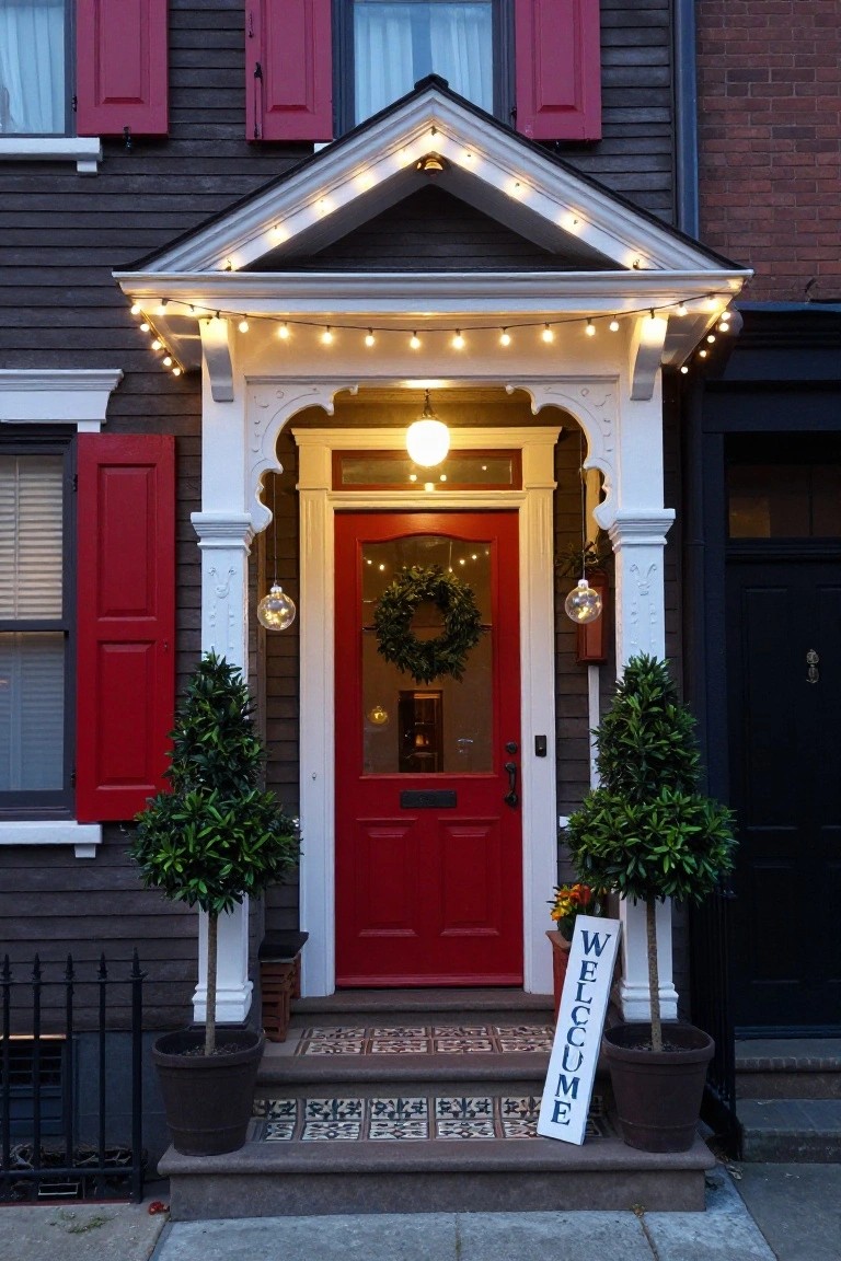 Dark shingled house exterior with red shutters, white porch, red front door decorated with evergreen wreath, string lights along porch edges and hanging ornaments, potted topiary plants flanking steps, and white wooden Welcome sign on front stoop.