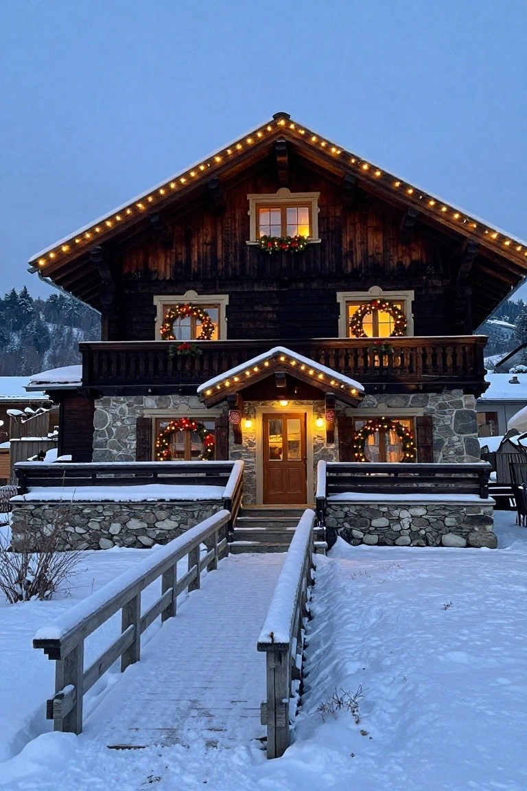 Snow-covered two-story chalet house with dark wood exterior, stone base, warm white string lights outlining the roof eaves and balconies, Christmas wreaths on windows, wooden bridge entrance, at dusk.