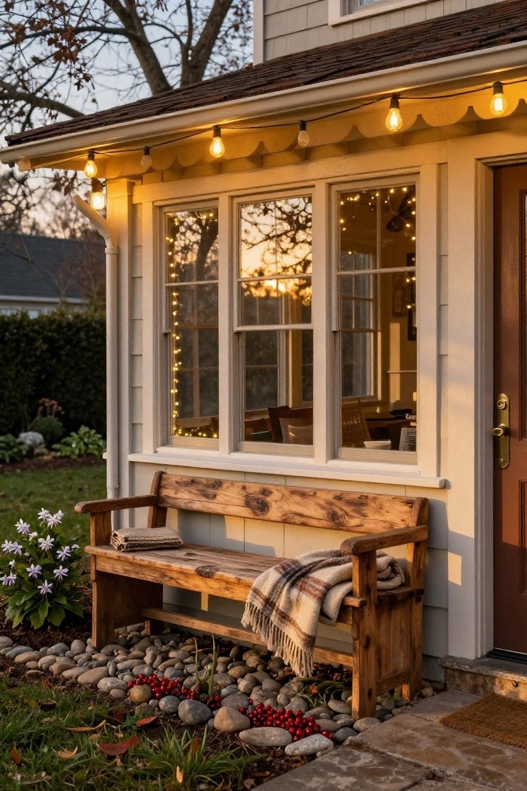 Wooden bench with plaid blanket next to a beige house door and multi-pane window, string lights hanging from roof eaves and inside window, plants and rocks in front, evening sunlight.