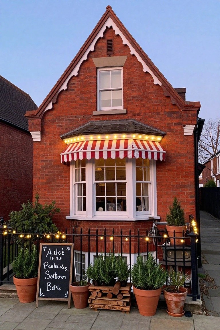 Red brick house facade with peaked roof, bay window under red-and-white striped awning edged in warm white string lights, potted plants along black railing, and freestanding chalkboard sign at dusk.
