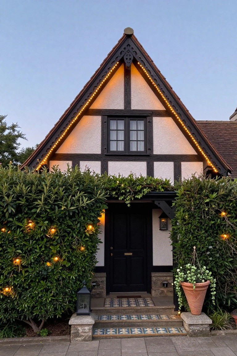 A half-timbered white stucco house with black timbers and roofline outlined in warm yellow string lights, surrounded by green hedges with lights, a black front door, lanterns, potted plants, and tiled steps on a driveway.