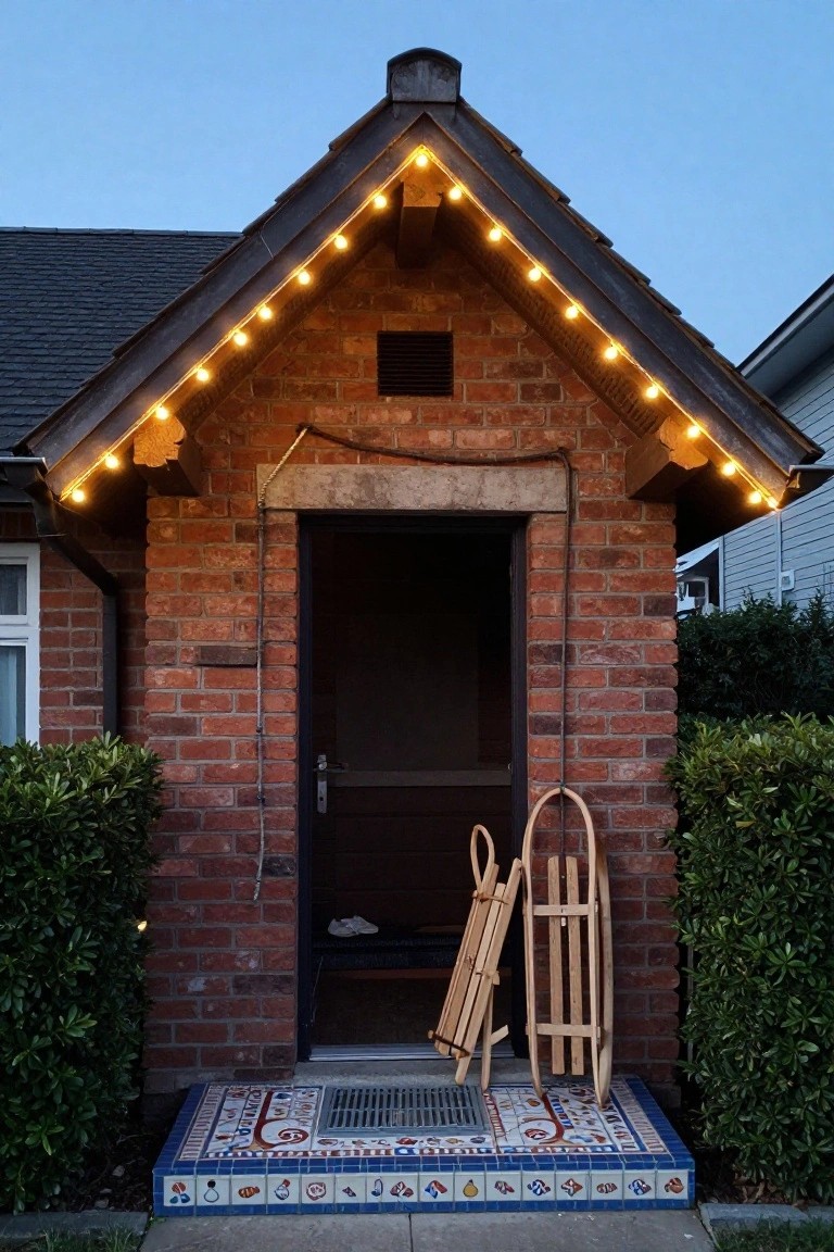 Brick house exterior featuring a gabled entryway outlined by warm string lights along the roofline and eaves, with two wooden sleds leaning against the door and colorful tiled steps in front.