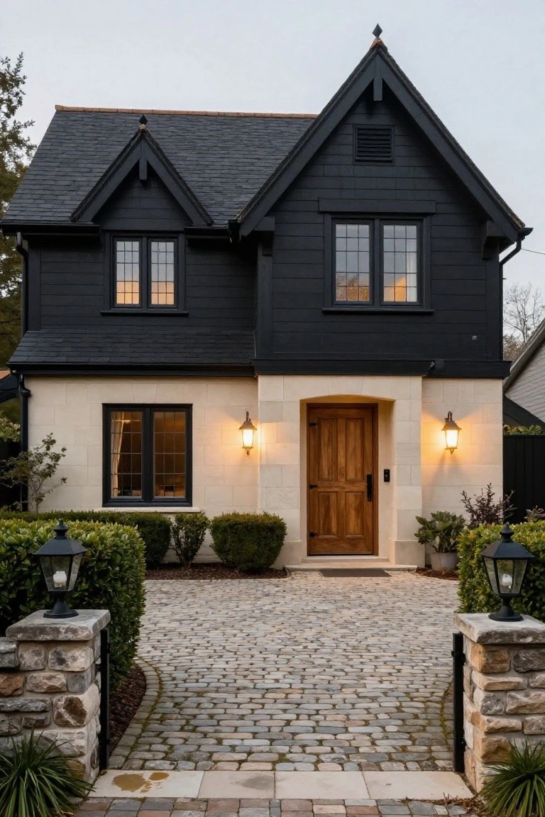 Two-story house featuring black painted siding on the upper facade, light beige stone base and entry surround, wooden double front door with lanterns, black-framed windows, cobblestone driveway, stone pillars, and boxwood hedges.
