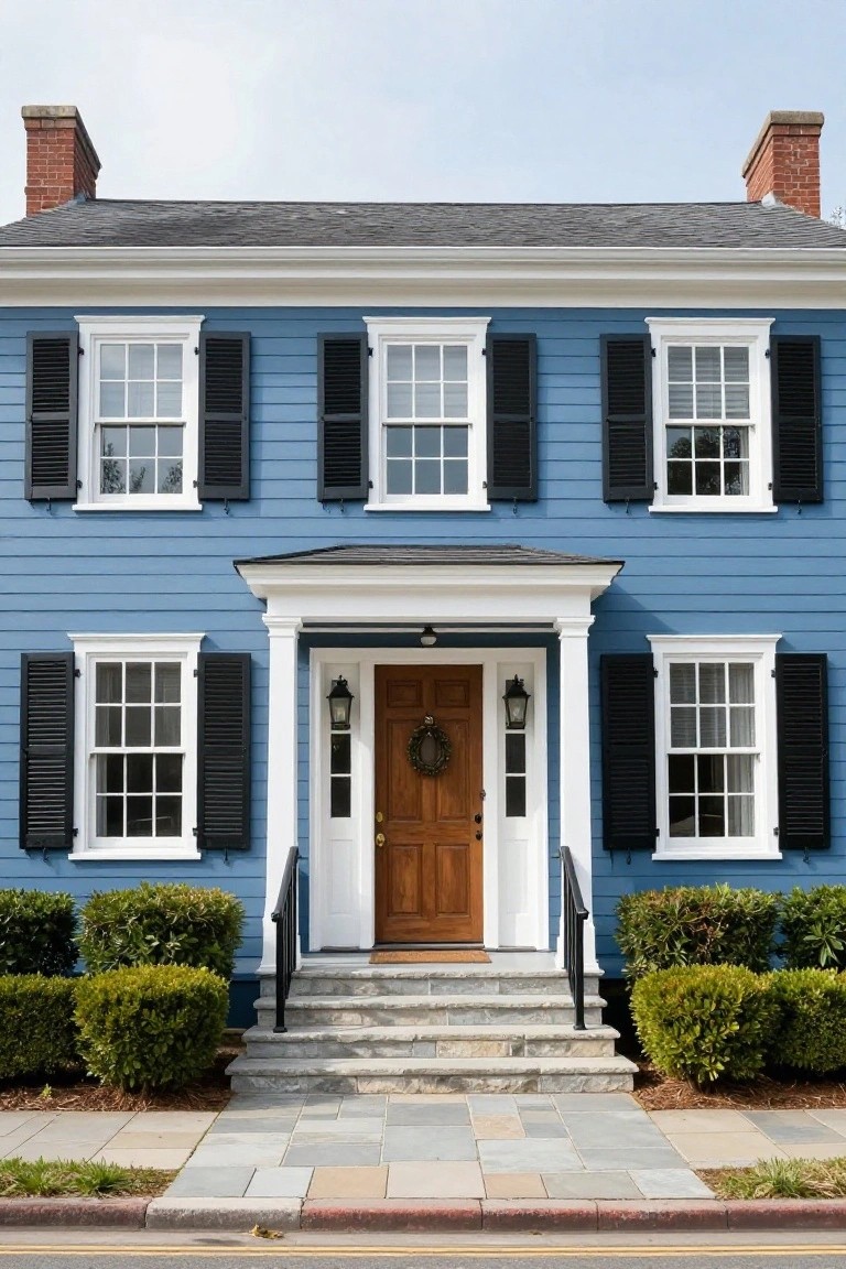 A two-story blue clapboard house with black shutters, white trim around multi-pane windows, wooden front door with a wreath, stone steps, lanterns, boxwood shrubs, and a slate walkway.