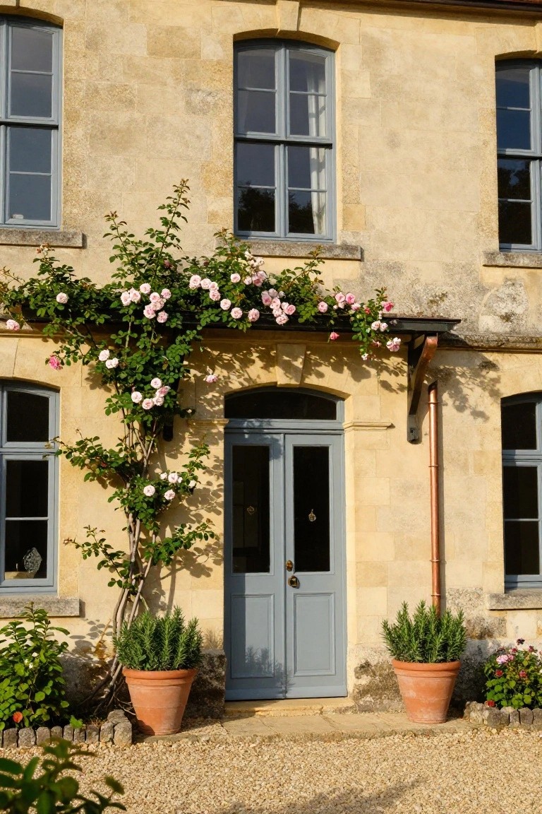 Beige stone house facade with pink climbing roses covering the wall around a pale blue double front door, flanked by large terracotta pots of rosemary on gravel in front of the entrance.