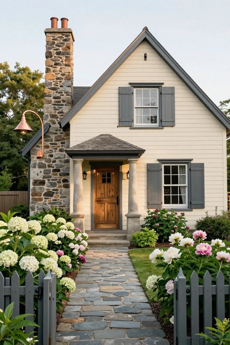Cream clapboard house with tall stacked stone chimney, dark gray shutters on windows, wooden front door under small porch with columns, stone walkway through garden beds of white hydrangeas and pink peonies, dark picket fence at front.