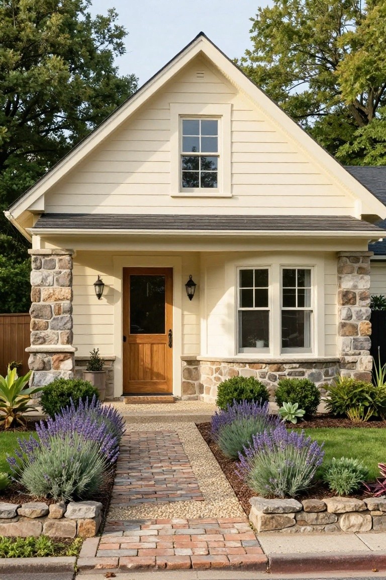 A small single-story house with light cream clapboard siding, dark shingled roof, stone pillars and foundation accents, wooden front door under a covered porch, and front yard landscaping with lavender plants lining a brick pathway.