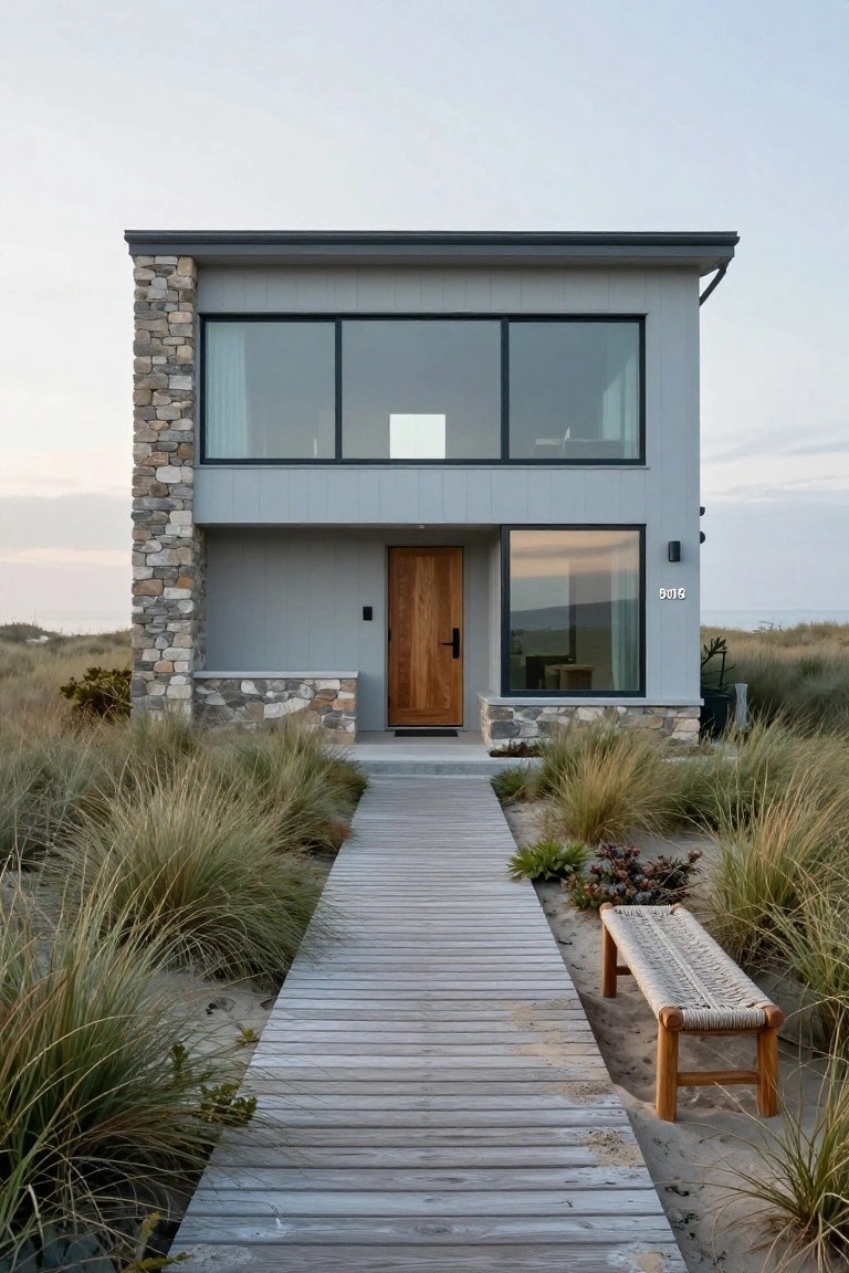 A modern rectangular beach house with light gray vertical siding, stacked stone accents on corners and base, large glass windows, a wooden front door numbered 918, and a wooden boardwalk path leading through tall dune grasses to the entrance.