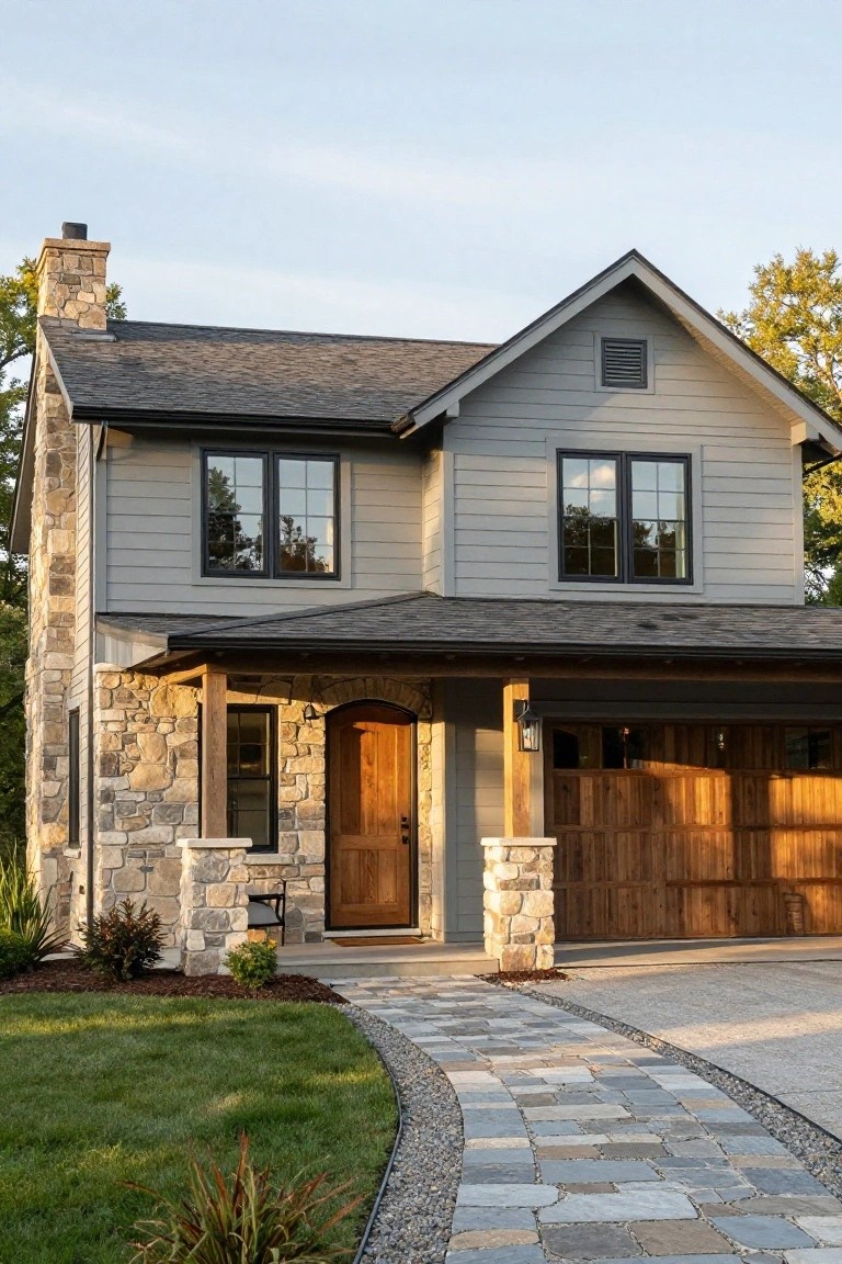 Two-story house exterior with light gray siding, stone chimney and pillars, black-framed windows, wooden front door and garage door, arched entry porch, and curved stone pathway.