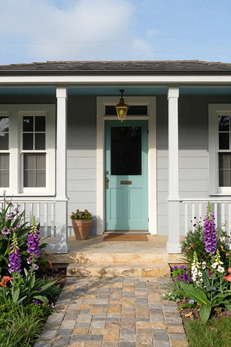 A cottage house featuring light gray shingle siding, a teal front door with brass hardware, white porch columns and trim, flanked by potted plants and tall purple foxglove flowers along a stone paver pathway leading to the entry steps.
