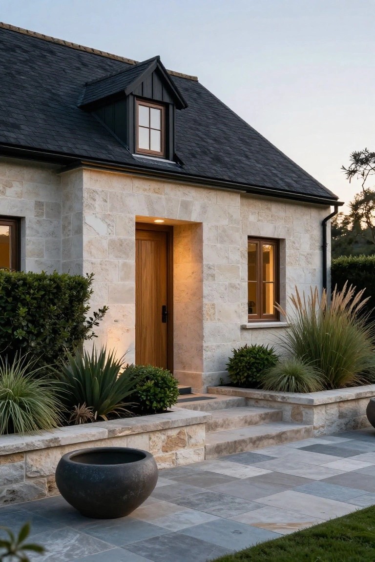 House exterior with pale beige stone walls, black slate roof, wooden front door in a recessed entry, stone steps, slate tile path, and low succulent plantings.